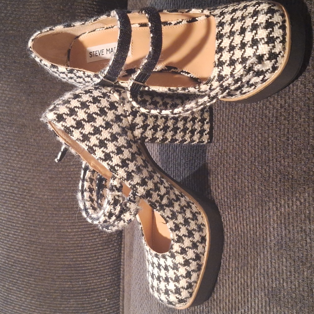 Steve Madden Black & White Houndstooth Double Strap Chunky Block Platform Heels - Picture 3 of 11